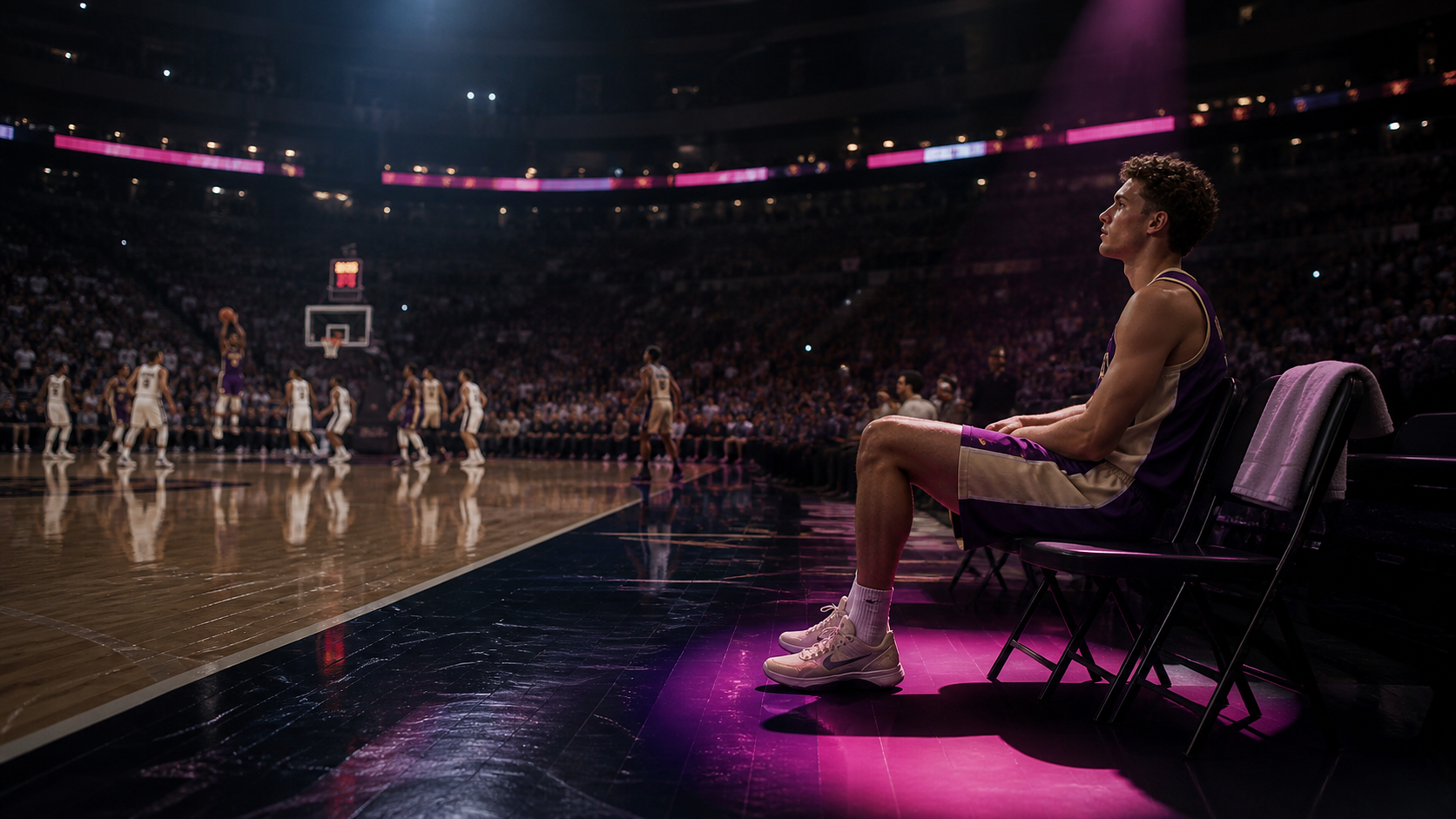 A rookie basketball player waiting calmly at the end of the bench