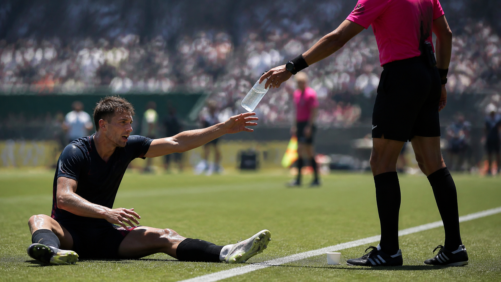 An exhausted soccer player reaching for a water bottle in extreme heat