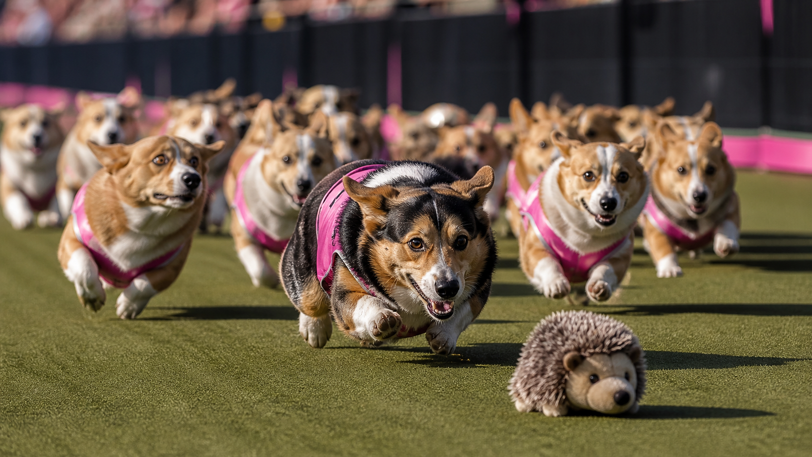 A pack of corgis racing toward a plush hedgehog lure