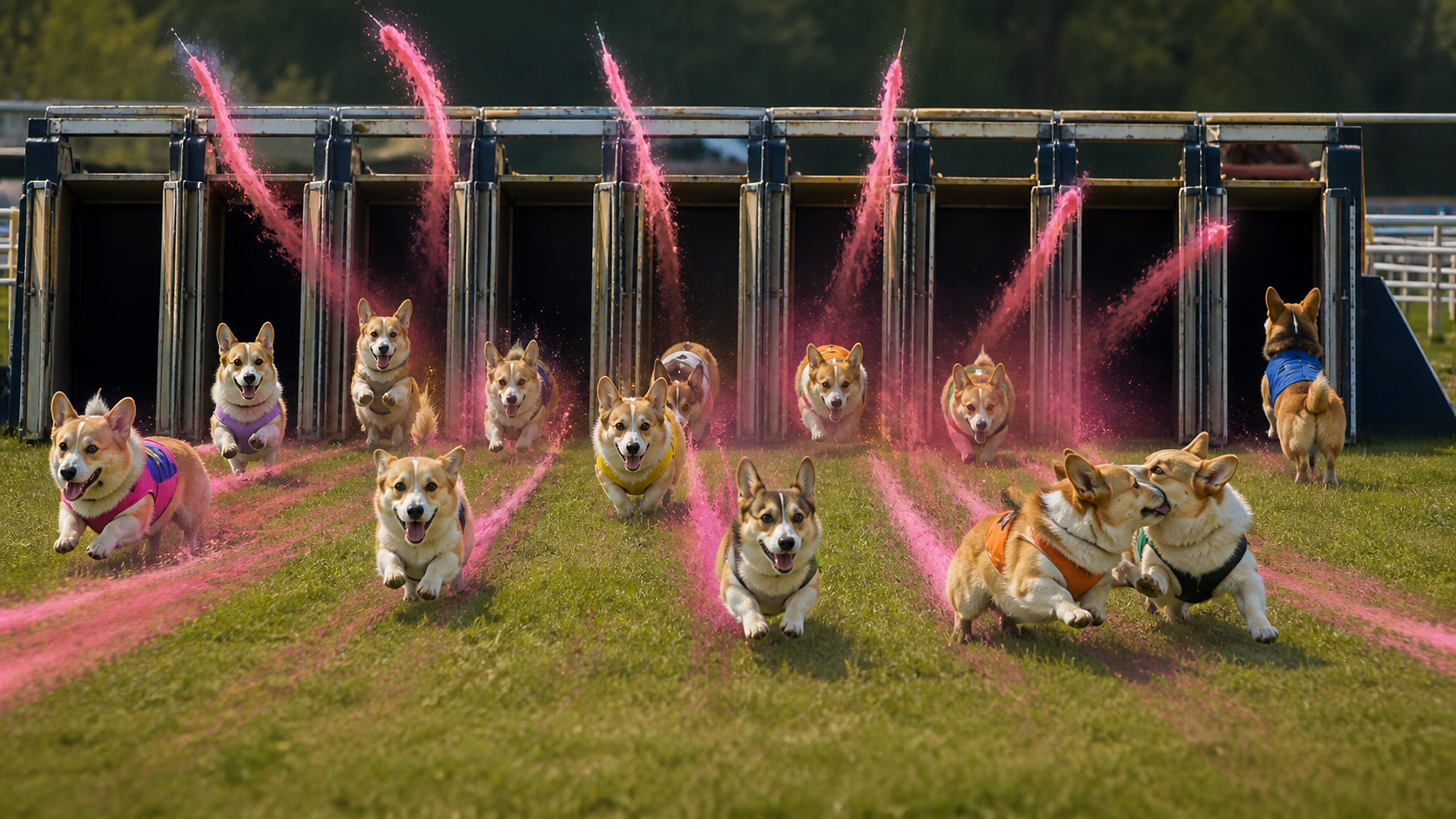 Corgis exploding from a starting gate along diverging pink trajectories